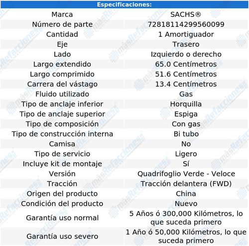 1 Amortiguador Tras Izq/der Giulietta L4 1.7l 13 Al 21 Sachs Foto 2