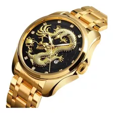 Relógio Executivo Masculino Skmei 9193 Dragão Dourado Preto