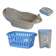 Kit Para Banho Bebê Azul Menino Banheira Saboneteira Cesto