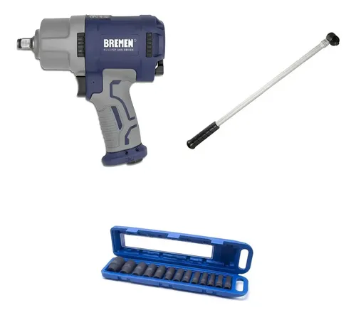 Kit Bremen: Llave Pistola Impacto Neumática 1/2 1560nm + Llave Fuerza 1/2 60cm + Juego Llaves Tubo 13 Pzs