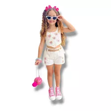 Roupa Infantil Menina Conjunto Croped Shorts Jeans Ursinho