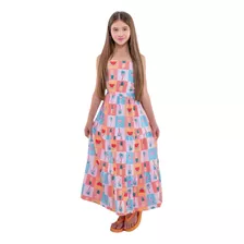 Vestido Longo Moda Infantil Juvenil Trançado Estampado Verão