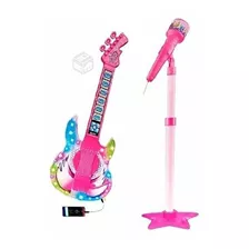 Set Guitarra Microfono Pedestal Juguete Mp3 Luces Rosada