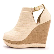 Sandália Feminina Salto Anabela Croco Verniz Off White