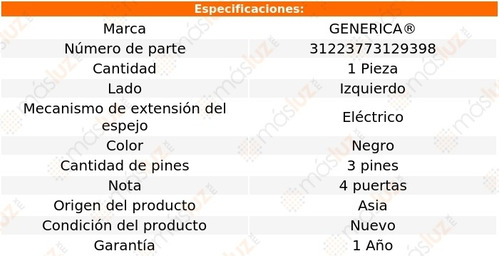 Espejo Izq Elect 3 Pines Pontiac Trans Sport 97/98 Generica Foto 2