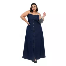 Vestido Longo Jeans Alcinha Regata Botões Frontal Plus Size