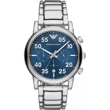 Reloj Emporio Armani Cronógrafo Original Hombre E-watch Color De La Correa Plateado Color Del Bisel Plateado Color Del Fondo Azul