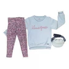 Conjunto Calça Rosa Blusa Branca Infantil Menina Inverno