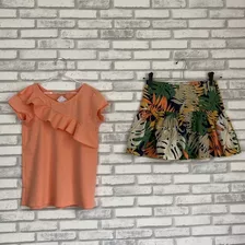 Conjunto Zara Girls Blusa Salmão + Saia De Folhas 11-12