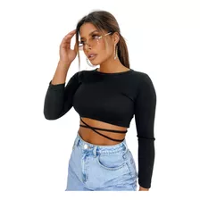 Cropped Blusa Manga Longa De Amarrar Gola Redonda Canelado