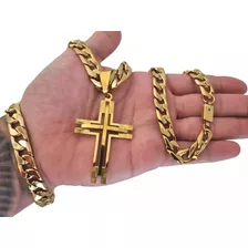 Conjunto Corrente Pulseira Pingente Crucifixo Banhado À Ouro