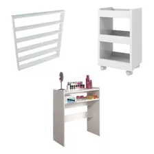 Kit Conjunto Mesa + Carrinho + Expositor Salão Cor Branco