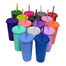 100 Vasos Reusables Con Tapa Y Popote 24oz Elegir Colores