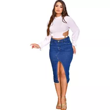 Saia Jeans Midi Longa Fenda Cintura Alta Da Moda Botão Lycra