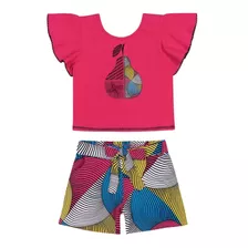 Roupa Infantil Blusa Listrada Short Rosa Pink Conjunto Nanai