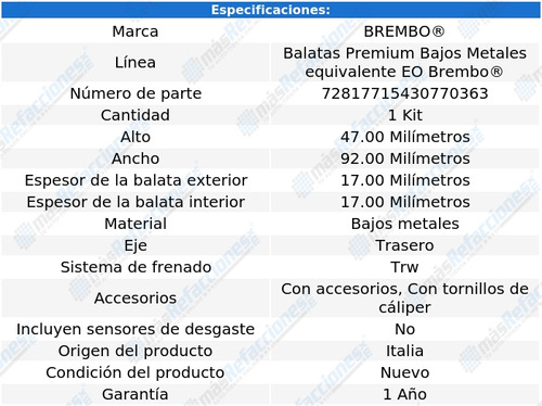 Balatas Traseras Bajos Metales Partner 20 Al 22 Brembo Foto 4