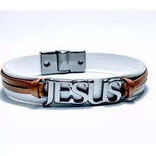 Pulseira Bracelete De Couro Jesus Cristo Branca+brinde 