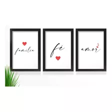 Kit 3 Quadros Decorativos C/ Vidro Amor Família Fé Deus 