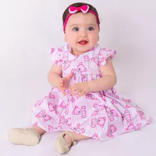 Roupa De Bebe Vestido Menina Infantil Com Tiara 100% Algodão