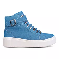 Tênis Botinha Feminino Jeans Solado Alto Fivela Cano Médio