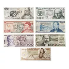 Set Billetes Mexico 5, 10, 20, 50, 100, 500, 1000 Unc
