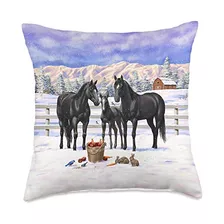 Caballos Negros Nieve, Cojín Decorativo De Escena De G...