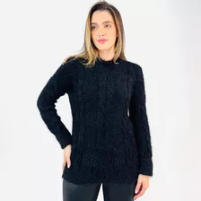 Blusa Tricot Nacional De Lã Alongada Manga Longa Feminina