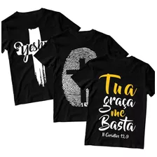 Kit 3 Camiseta Evangélica Preta Cristã Yeshua Jesus Cruz Fé