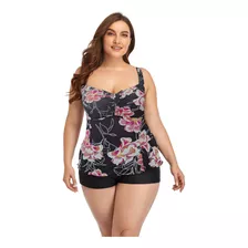 Tankini L-4xl Flores Desordenadas Traje De Baño Mujer