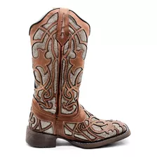 Bota Texana Country Marrom Claro Bordado De Glitter Rodeios