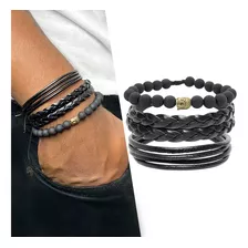 Pulseiras Masculinas Couro Bolinhas Buda Kit C/4