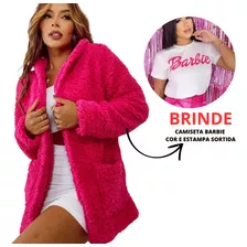 Promoção Casaco Rosa Sobretudo Teddy Pelúcia + Brinde