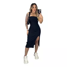 Vestido Midi Canelado Tomara Que Caia Com Fenda Lateral