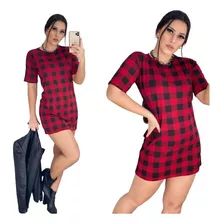 Vestido Xadrez Feminino Estilo Blusão Manga Curta