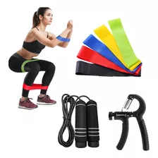 Kit 5 Faixa Elástica Super Band P/ Treino + Corda Hand Grip