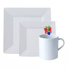 Set X18 Platos Plas Cuadrados 6 Playos + 6 Postres + 6 Tazas