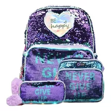 Mochila Lonchera Lapicera Be Happy Never Give Up Con Luz Lentejuela Reversible Aqua Primaria Ll20bpd17 Lluvia