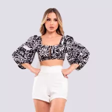 Conjunto Feminino Cropped Manga Longa Short Cintura Alta