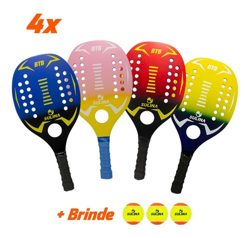 Kit 4 Raquetes De Beach Tennis Sulina Com 3 Bolas De Brinde