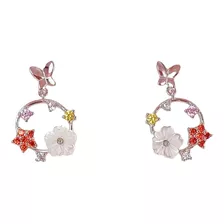 Aros Flor Colores Plata Zirconia Mariposas Niñas Pendientes