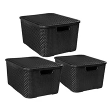 Kit 3 Caixas Organizadora Rattan Com Tampa 20 Litros Preto