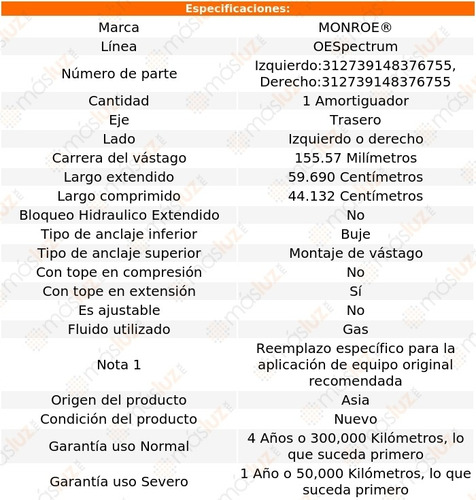 (1) Amortiguador Tra Oespectrum Gas Der O Izq Santa Fe 01/06 Foto 2