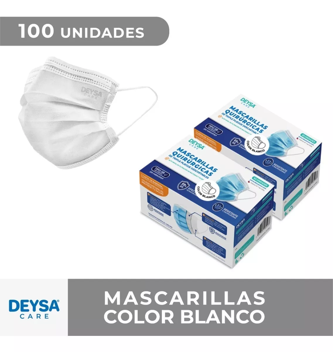 Mascarillas Desechables 50 Un 2 Cajas (100 Un). Color Blanco