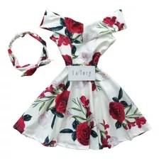 Vestido Infantil Rodado Ombro A Ombro Creme Com Vermelho