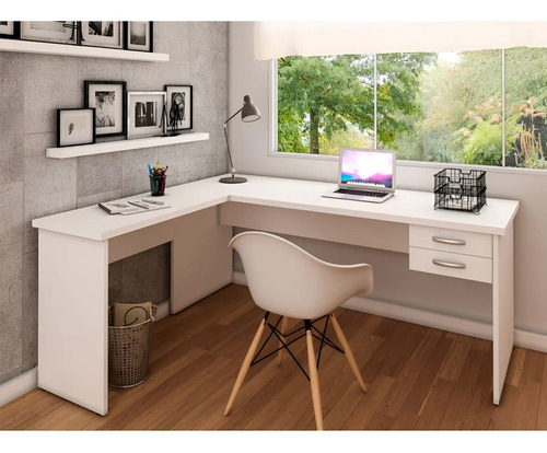 Mesa De Canto Em L Para Escritório 140x150cm Com Gaveta Branco