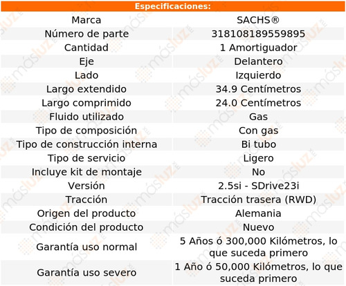 1- Amortiguador Gas Delantero Izq Z4 L6 2.5l Rwd 09/11 Sachs Foto 2