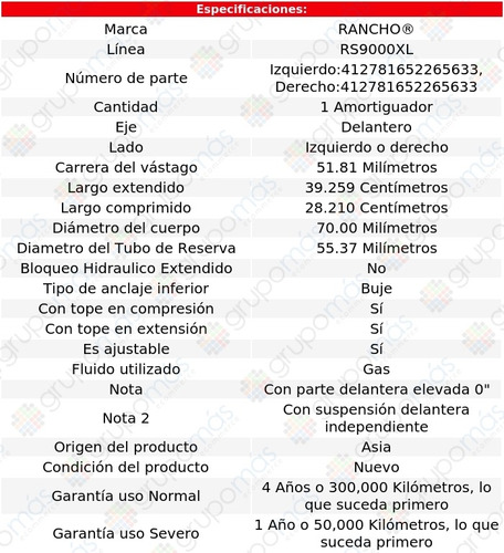 1 Amortiguador Del Der O Izq Rs9000xl Sierra 3500 Classic 07 Foto 2