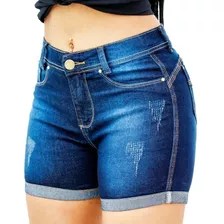 Shorts Feminino Jeans Com Lycra Cós Alto (hot Pants)