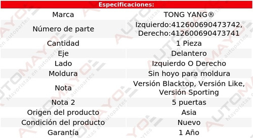 1/ Salpicadera Delantera S/hoyo P/mold Tong Yang Uno 15-20 Foto 2