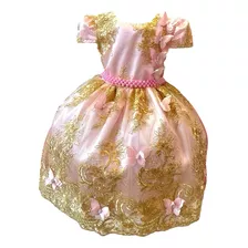 Vestido Princesa Realeza Borboletas Rosa C/ Dourado - 1 Ao 4